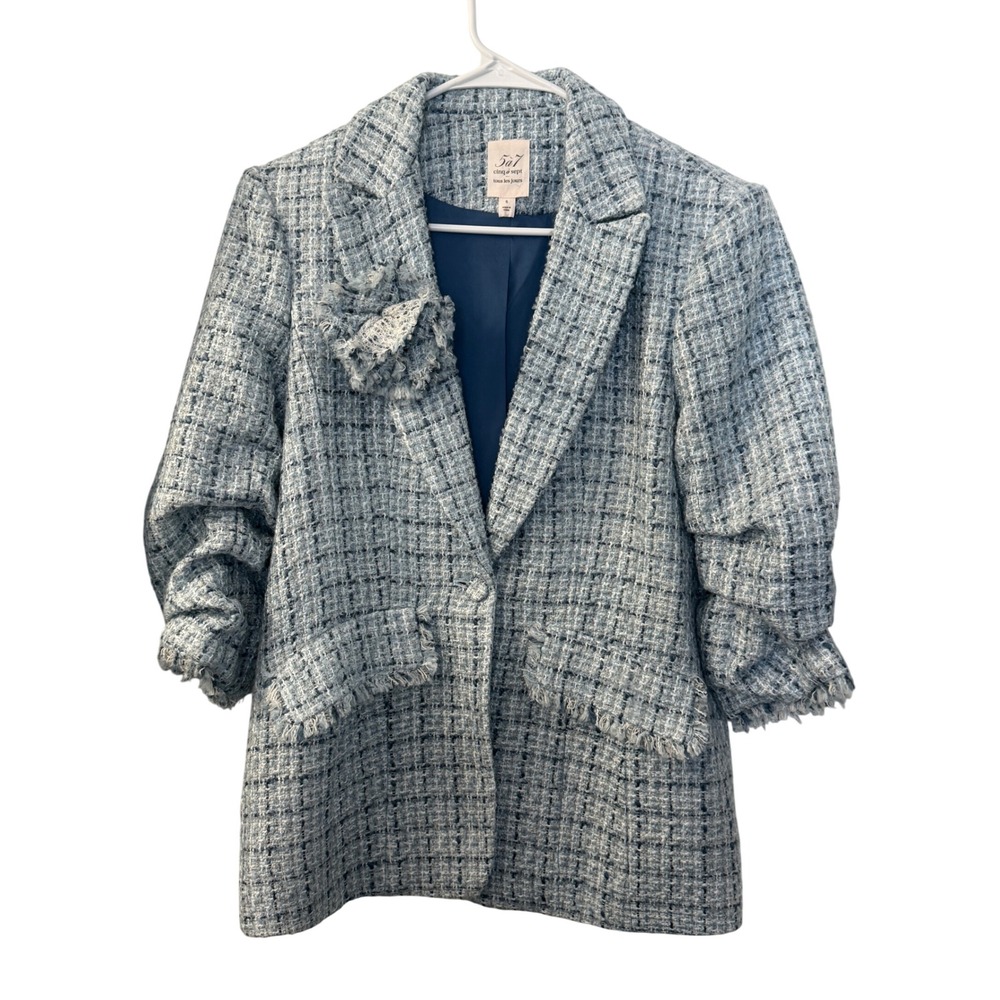 Cinq a Sept Tous Les Jours Khloe Ruched Sleeve Tweed Blazer Blue White Size 6